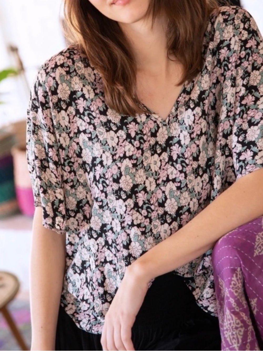 NATURAL LIFE Black Floral V-Neck Boxy Blouse with Pink and Cream Flowers